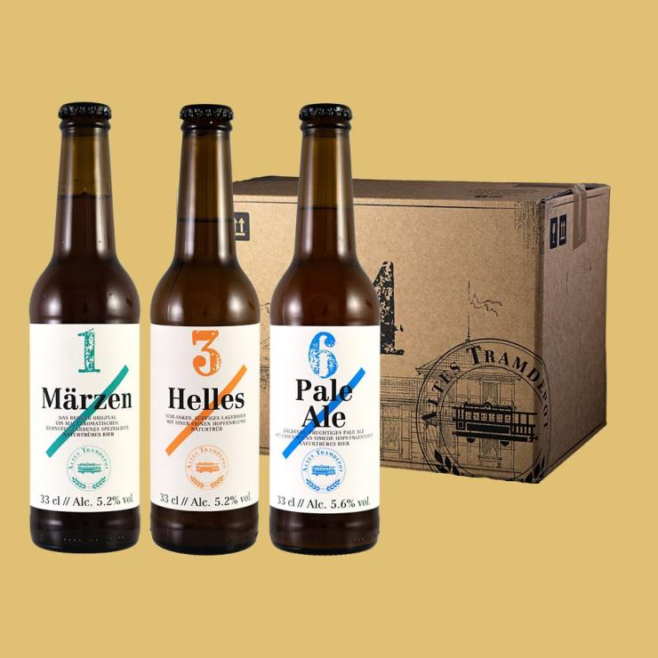 Helles, Märzen and Pale Ale in front of carton box