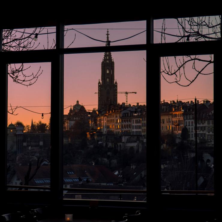 Bern's old town photographed from a restaurant at sunset